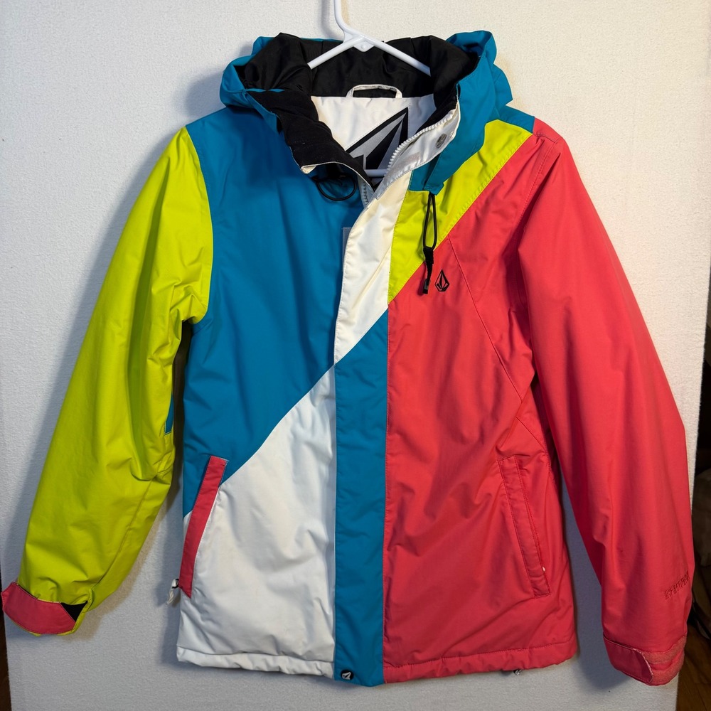 Volcom Thermonite Snowboard Jacket Mens XS Colorblock Pink Blue Yellow Hooded